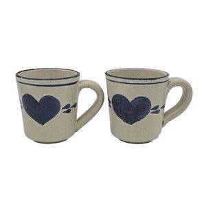 3 1/2" Rim Rowe Pottery Works 1985 Set Of 2 Mugs Blue Heart Salt Glazed